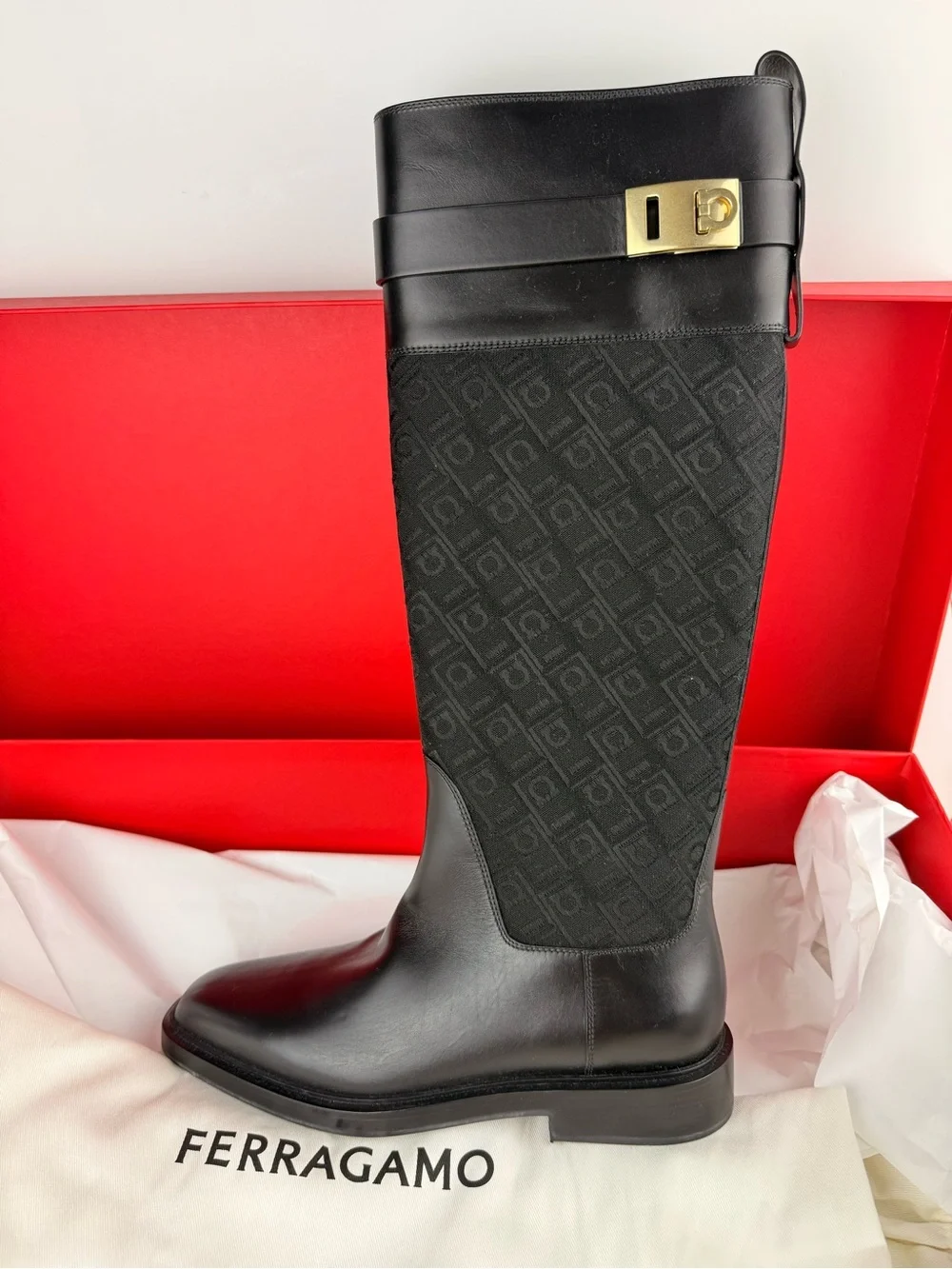 Ferragamo Roly T Black Leather Monogram Hug Buckle Knee High Boots Size 7C